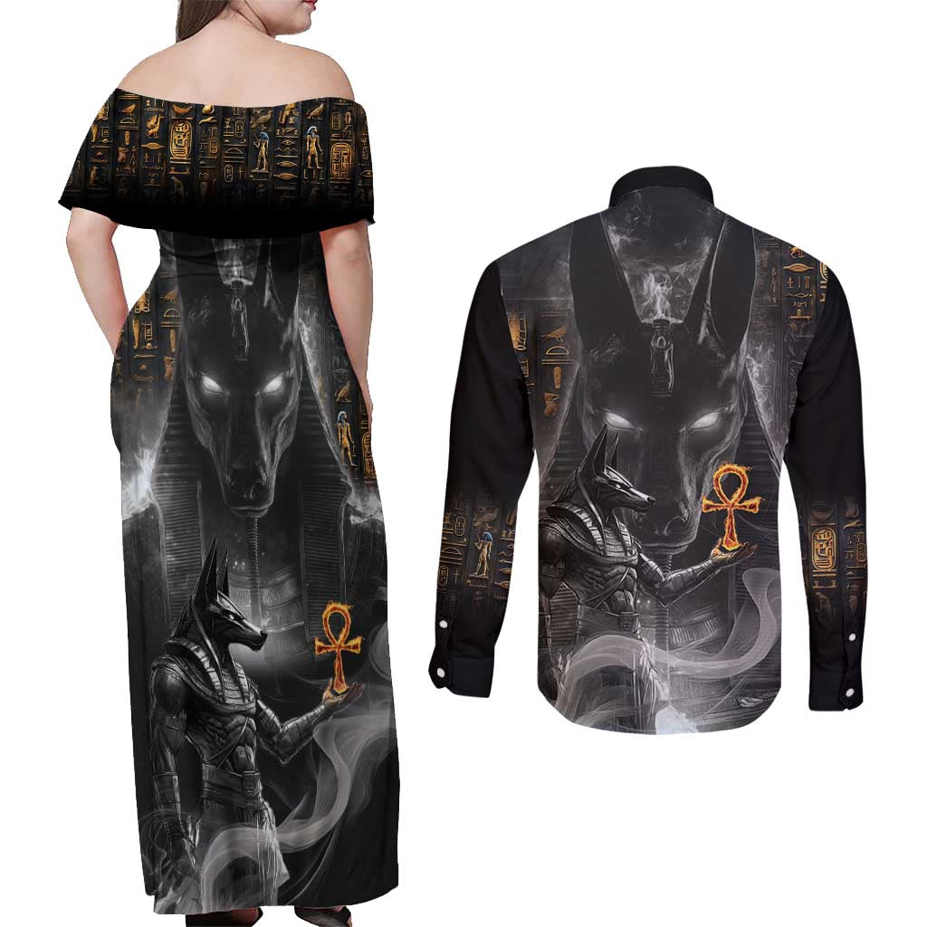 Mythical Anubis Couples Matching Off Shoulder Maxi Dress and Long Sleeve Button Shirt The Egyptian God of Death LT9 - Wonder Print Shop