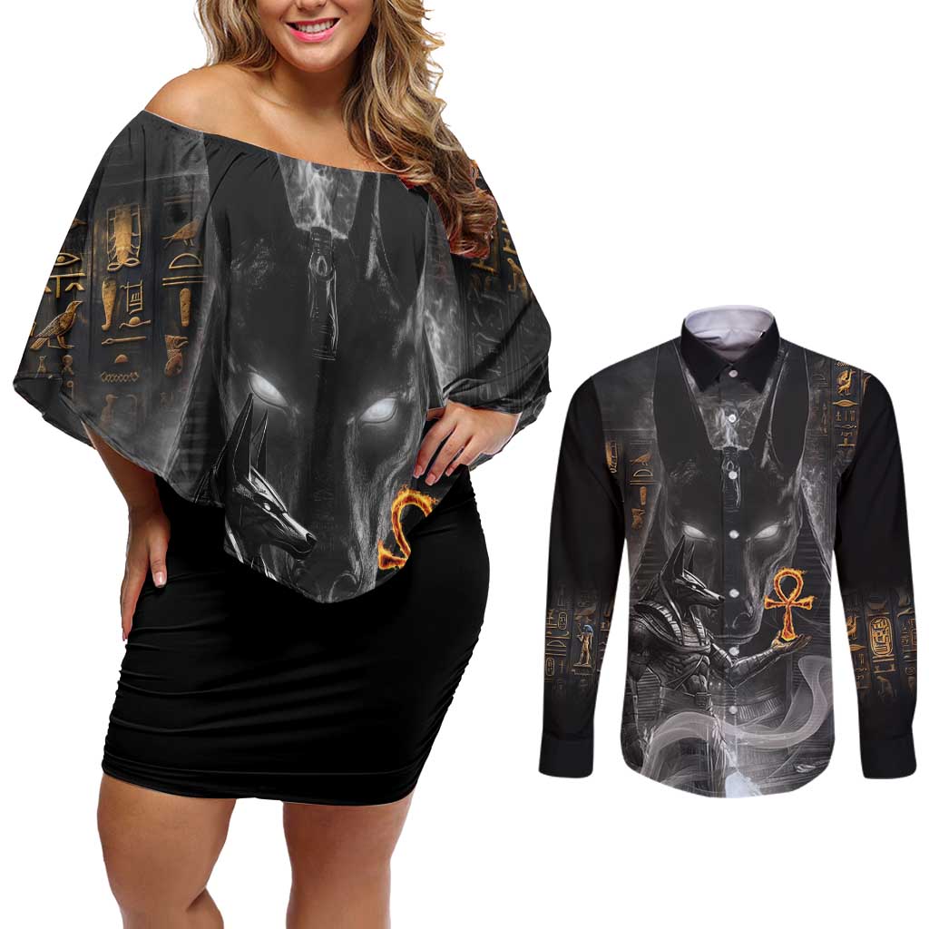 Mythical Anubis Couples Matching Off Shoulder Short Dress and Long Sleeve Button Shirt The Egyptian God of Death LT9 - Wonder Print Shop