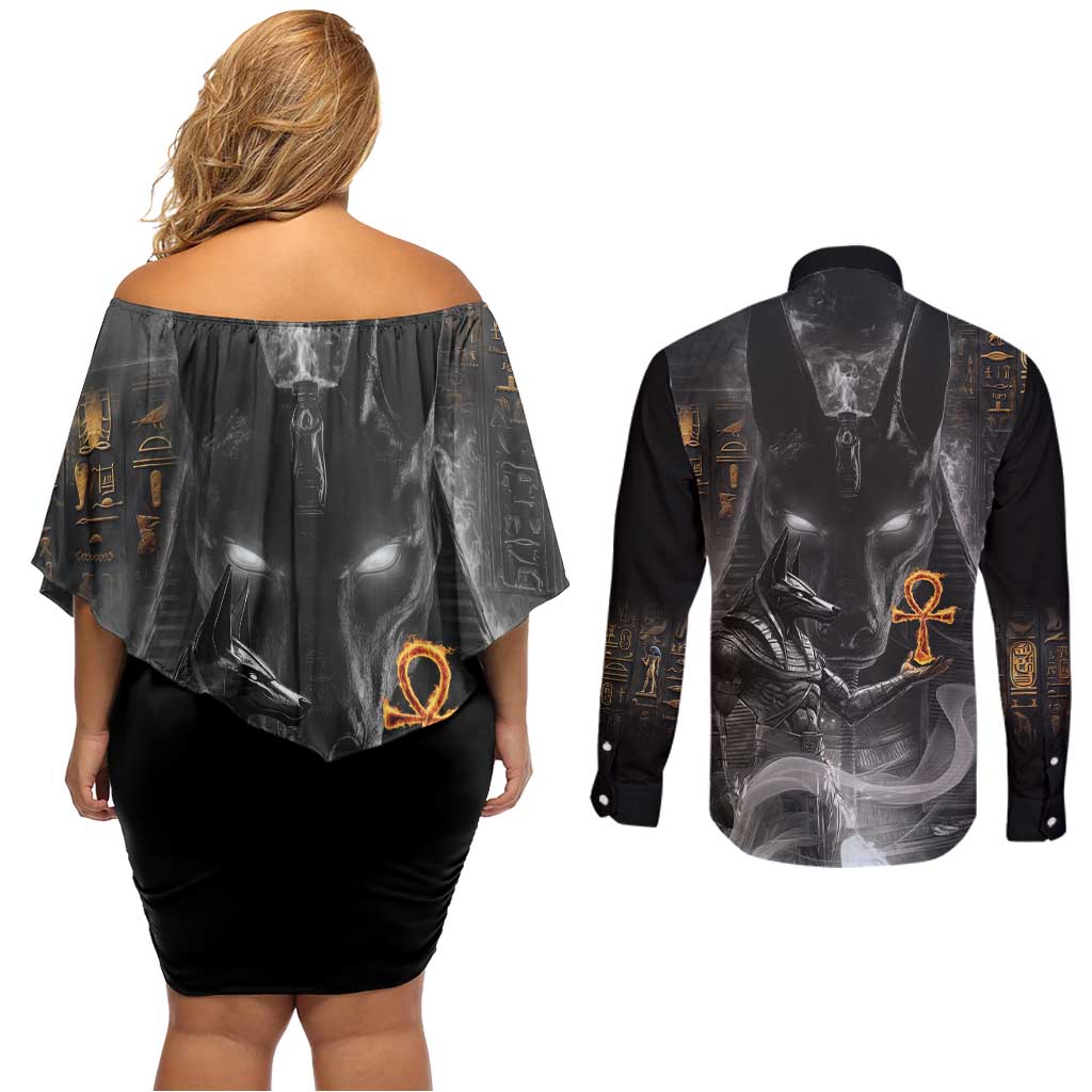 Mythical Anubis Couples Matching Off Shoulder Short Dress and Long Sleeve Button Shirt The Egyptian God of Death LT9 - Wonder Print Shop