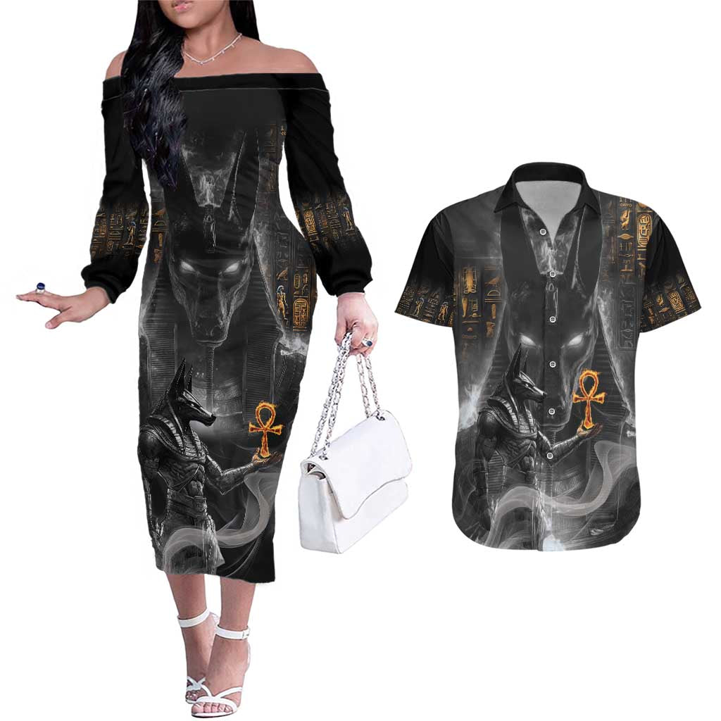 Mythical Anubis Couples Matching Off The Shoulder Long Sleeve Dress and Hawaiian Shirt The Egyptian God of Death LT9 - Wonder Print Shop