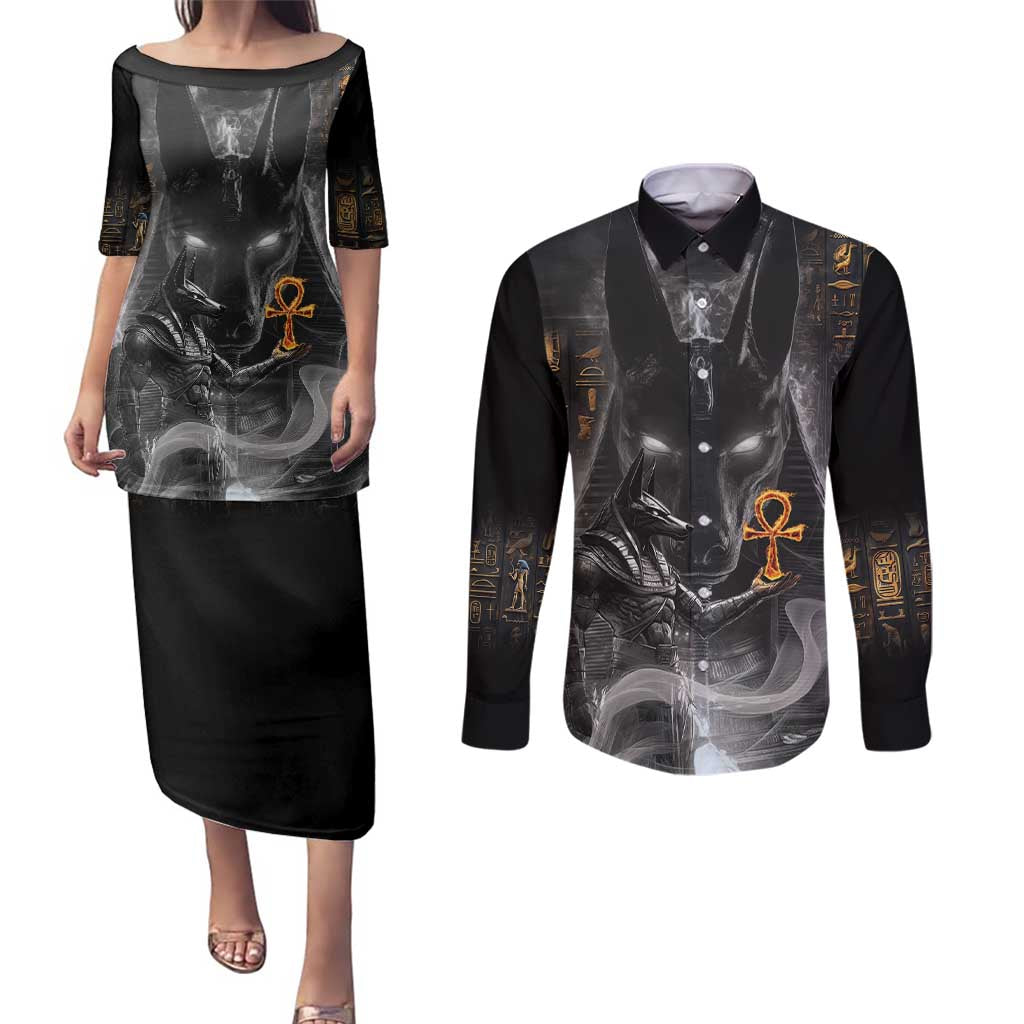 Mythical Anubis Couples Matching Puletasi and Long Sleeve Button Shirt The Egyptian God of Death LT9 - Wonder Print Shop