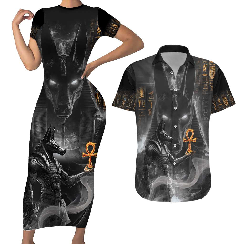 Mythical Anubis Couples Matching Short Sleeve Bodycon Dress and Hawaiian Shirt The Egyptian God of Death LT9 - Wonder Print Shop