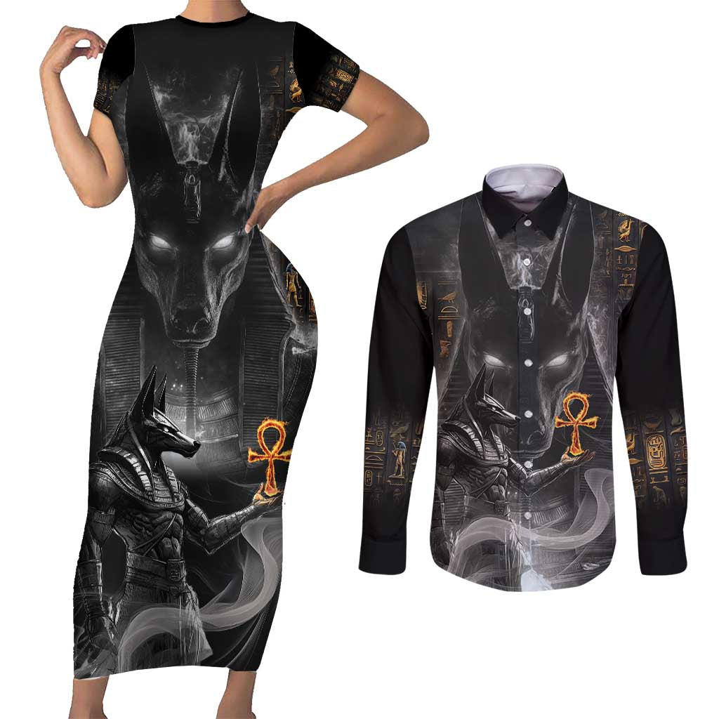 Mythical Anubis Couples Matching Short Sleeve Bodycon Dress and Long Sleeve Button Shirt The Egyptian God of Death LT9 - Wonder Print Shop