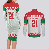 Belarus Ice Hockey Custom Couples Matching Long Sleeve Bodycon Dress and Long Sleeve Button Shirt With Bison Mascot Flag Style
