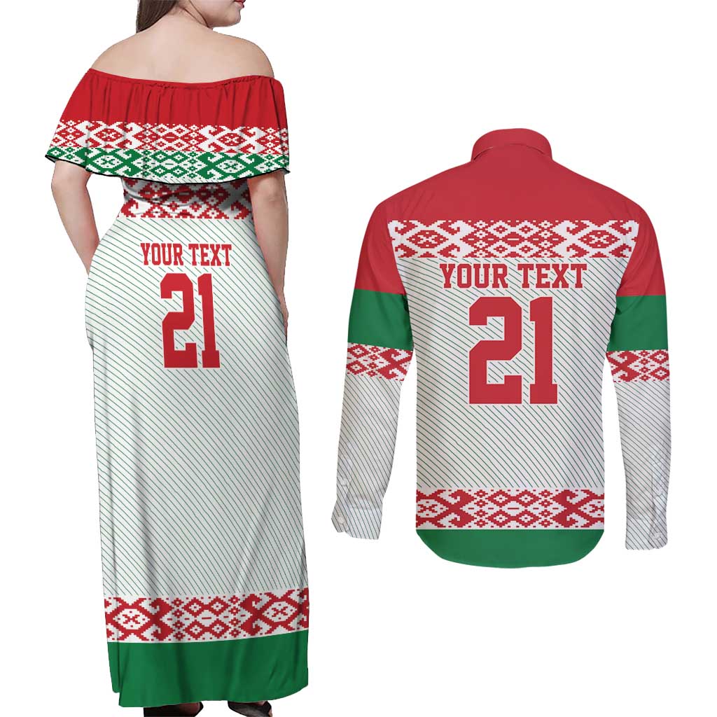 Belarus Ice Hockey Custom Couples Matching Off Shoulder Maxi Dress and Long Sleeve Button Shirt With Bison Mascot Flag Style
