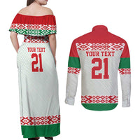 Belarus Ice Hockey Custom Couples Matching Off Shoulder Maxi Dress and Long Sleeve Button Shirt With Bison Mascot Flag Style
