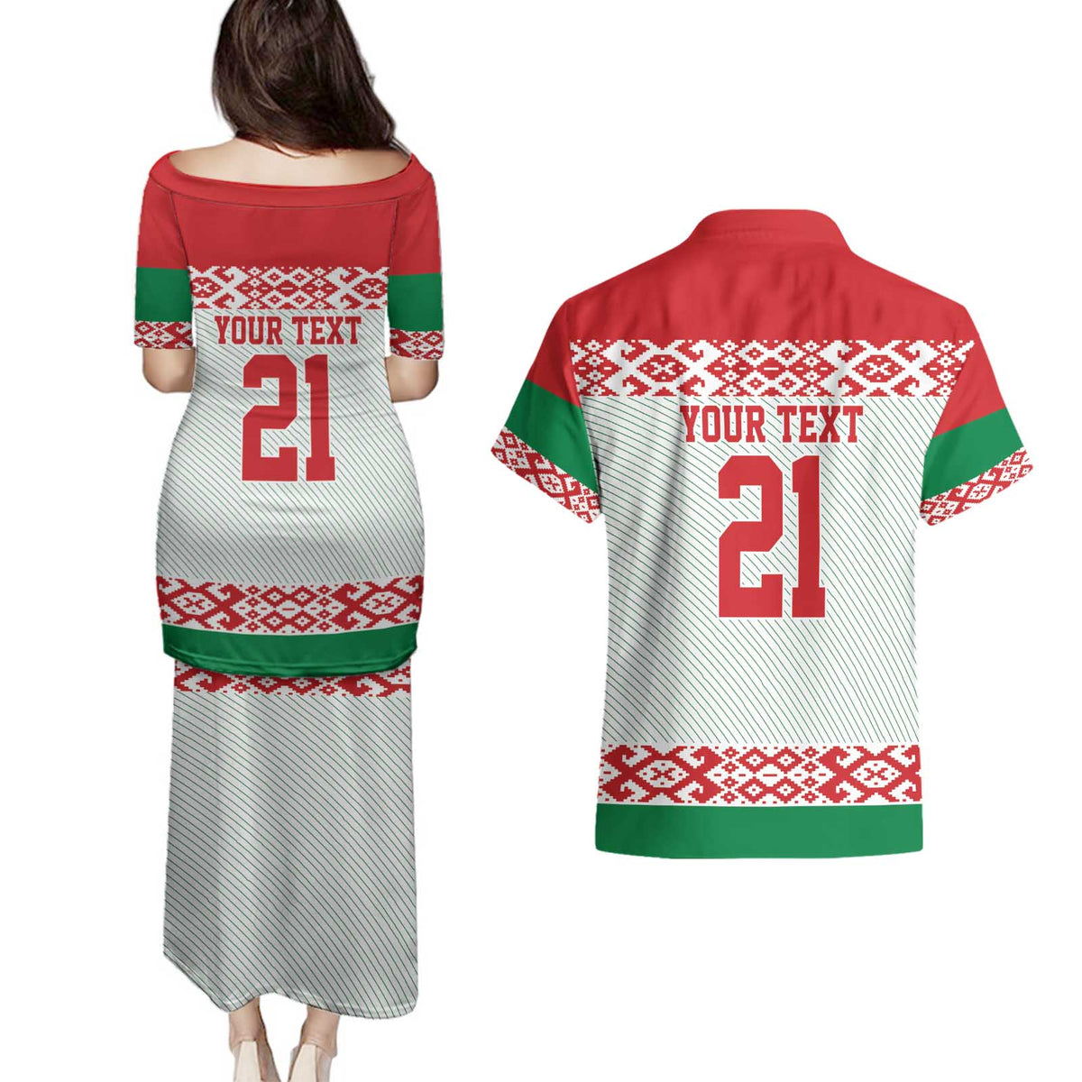 Belarus Ice Hockey Custom Couples Matching Puletasi and Hawaiian Shirt With Bison Mascot Flag Style