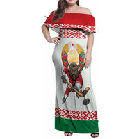 Belarus Ice Hockey Custom Family Matching Off Shoulder Maxi Dress and Hawaiian Shirt With Bison Mascot Flag Style