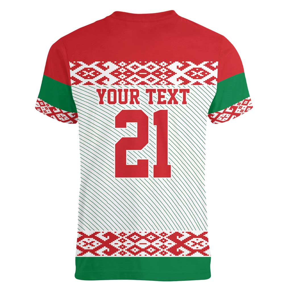 Belarus Ice Hockey Custom Women V-Neck T-Shirt With Bison Mascot Flag Style