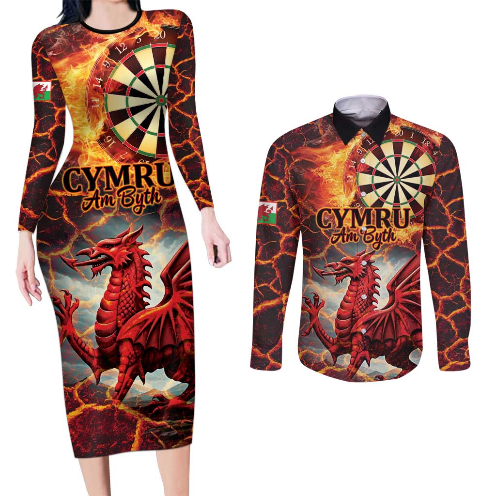 Wales Darts Wales Forever Personalized Couples Matching Long Sleeve Bodycon Dress and Long Sleeve Button Shirt Cymru Am Byth Dragons