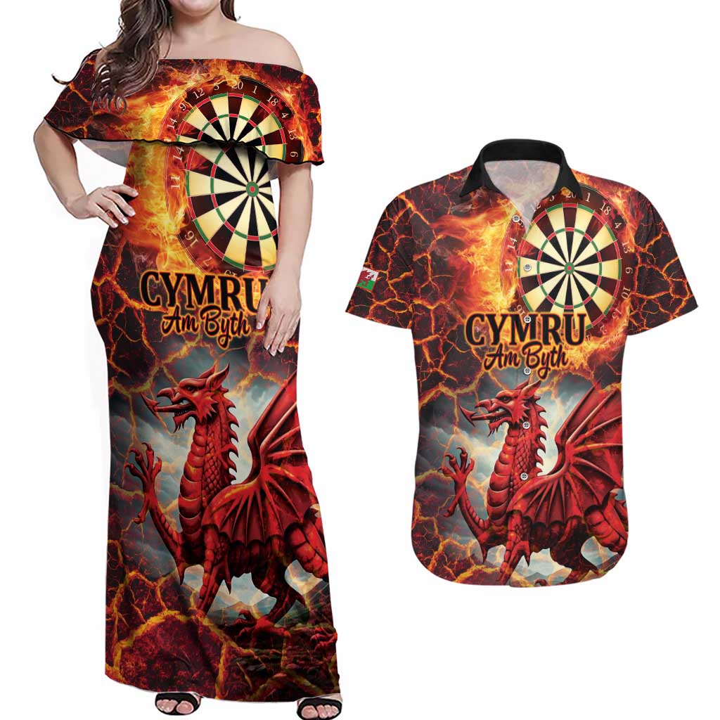 Wales Darts Wales Forever Personalized Couples Matching Off Shoulder Maxi Dress and Hawaiian Shirt Cymru Am Byth Dragons