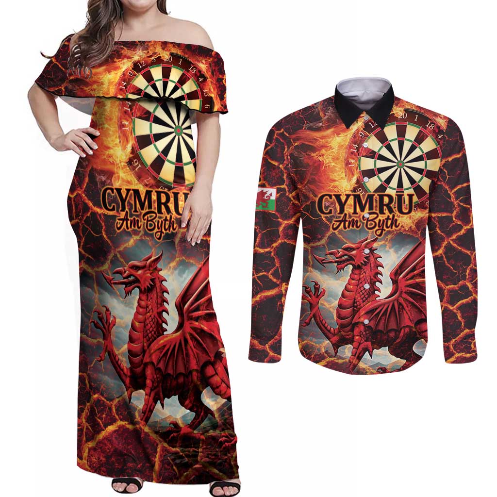 Wales Darts Wales Forever Personalized Couples Matching Off Shoulder Maxi Dress and Long Sleeve Button Shirt Cymru Am Byth Dragons