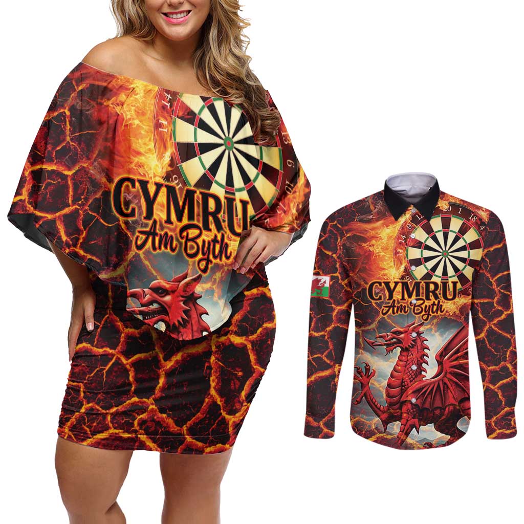 Wales Darts Wales Forever Personalized Couples Matching Off Shoulder Short Dress and Long Sleeve Button Shirt Cymru Am Byth Dragons