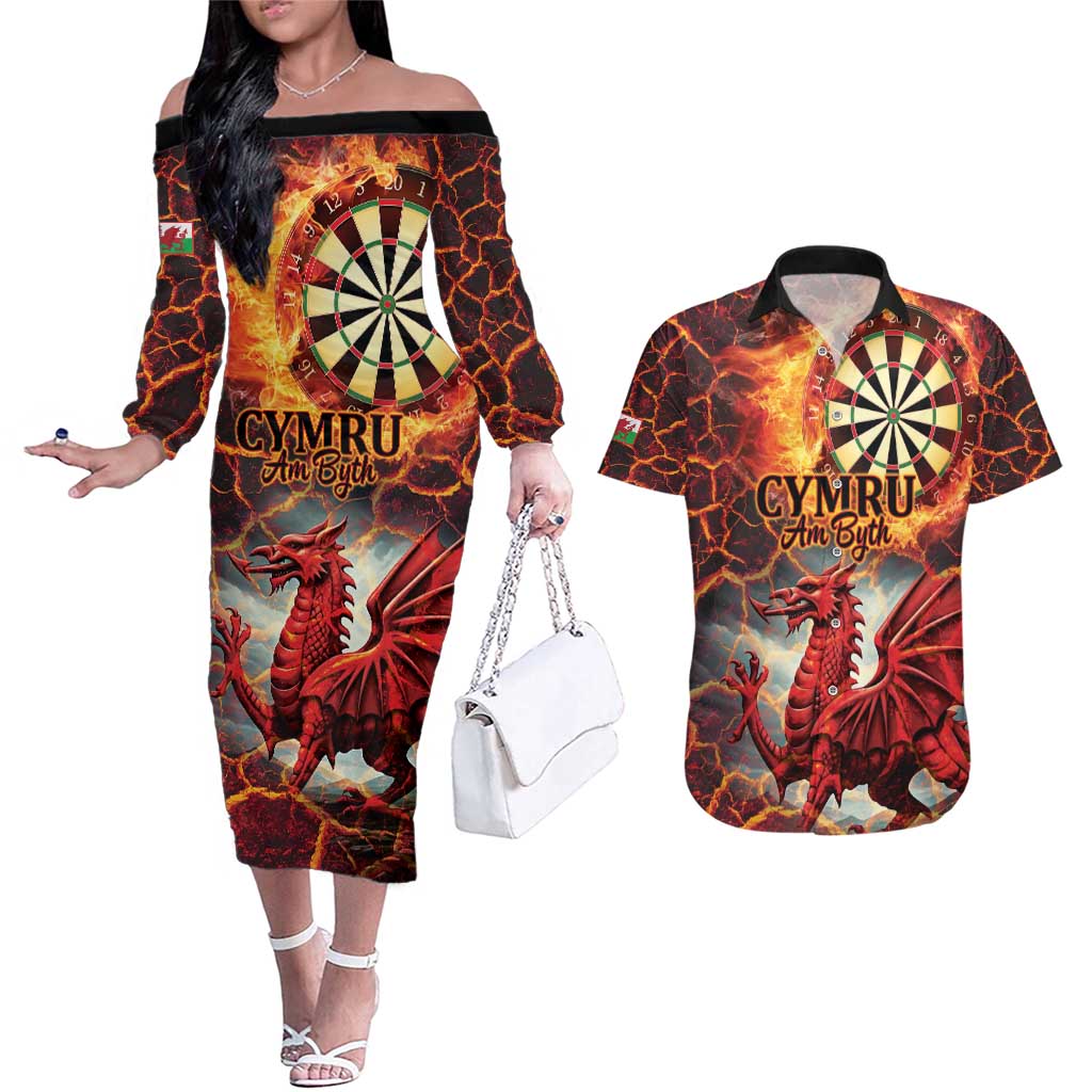Wales Darts Wales Forever Personalized Couples Matching Off The Shoulder Long Sleeve Dress and Hawaiian Shirt Cymru Am Byth Dragons