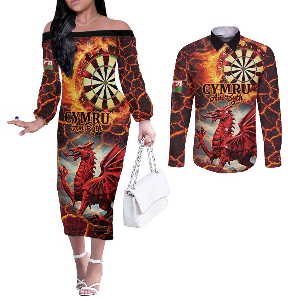 Wales Darts Wales Forever Personalized Couples Matching Off The Shoulder Long Sleeve Dress and Long Sleeve Button Shirt Cymru Am Byth Dragons