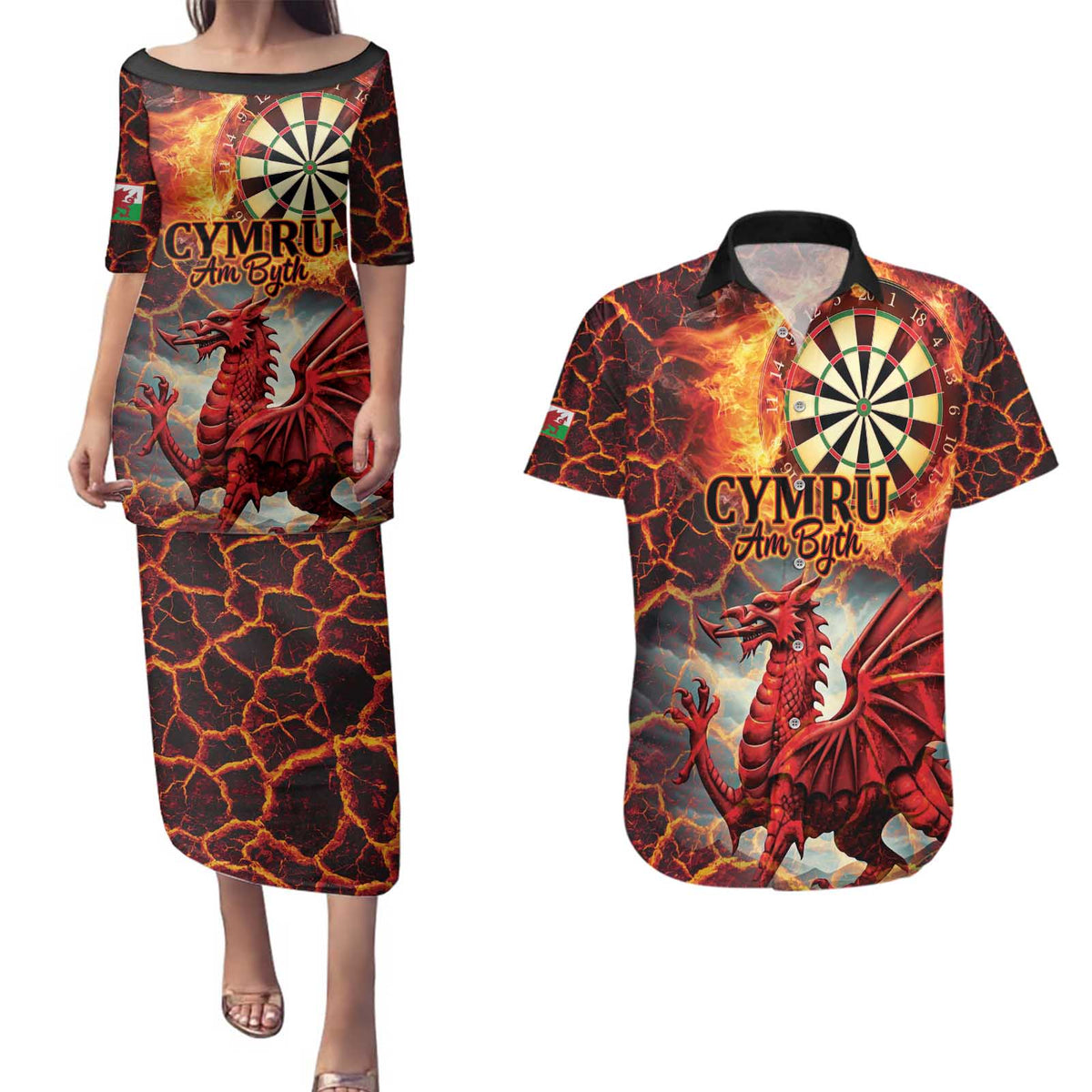 Wales Darts Wales Forever Personalized Couples Matching Puletasi and Hawaiian Shirt Cymru Am Byth Dragons