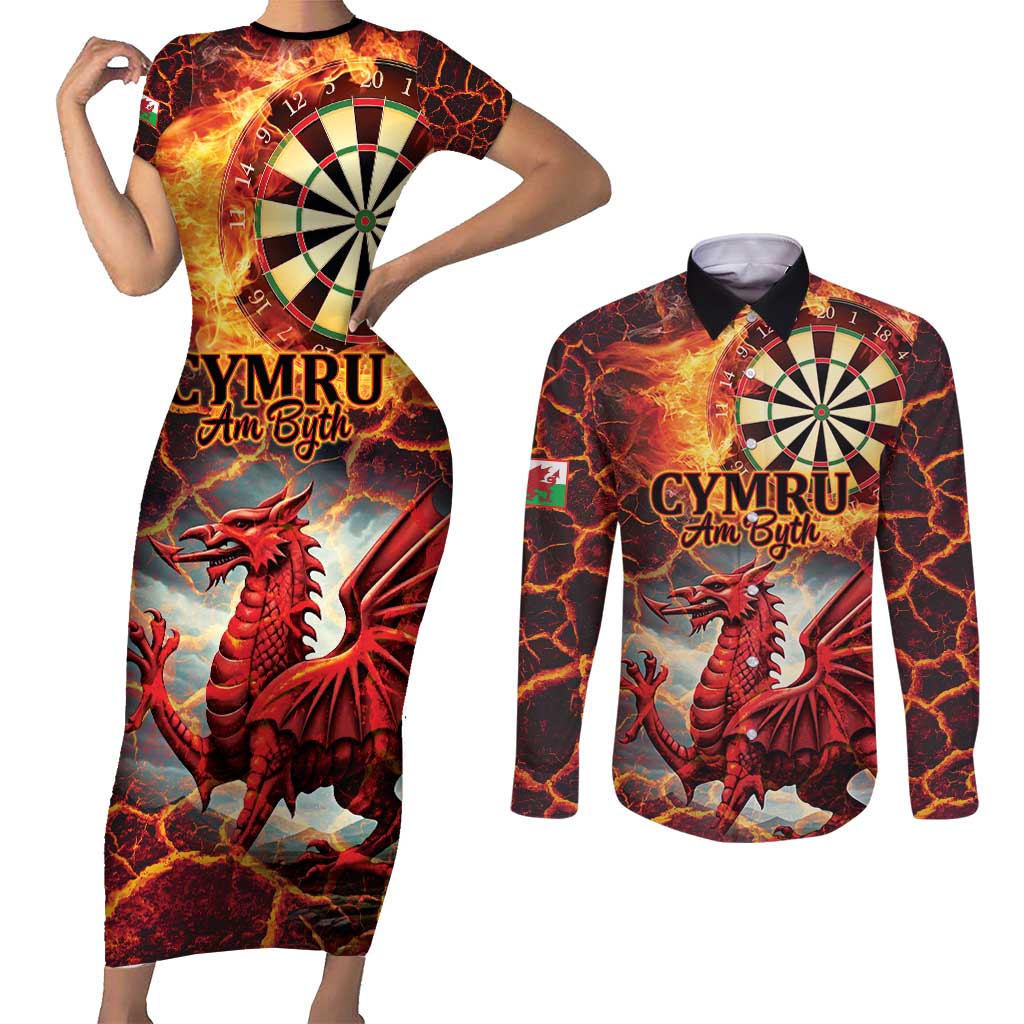 Wales Darts Wales Forever Personalized Couples Matching Short Sleeve Bodycon Dress and Long Sleeve Button Shirt Cymru Am Byth Dragons