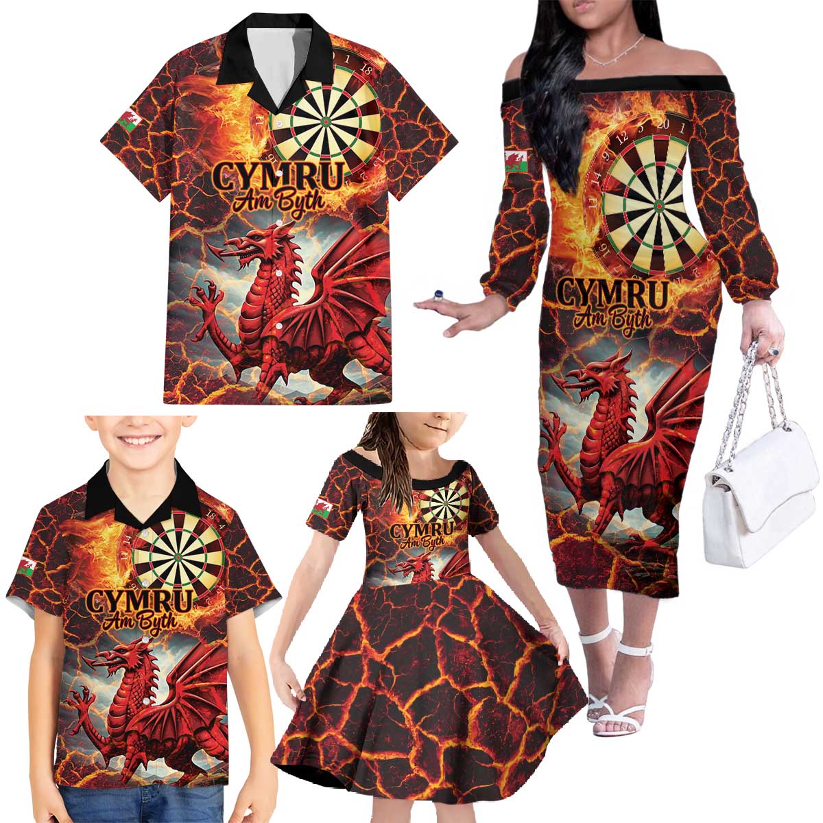 Wales Darts Wales Forever Personalized Family Matching Off The Shoulder Long Sleeve Dress and Hawaiian Shirt Cymru Am Byth Dragons