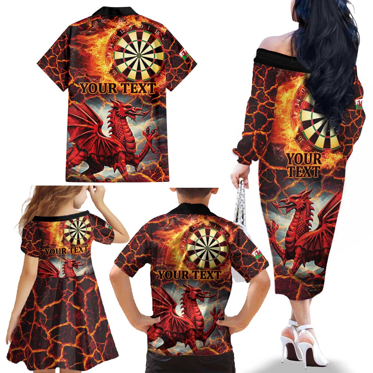 Wales Darts Wales Forever Personalized Family Matching Off The Shoulder Long Sleeve Dress and Hawaiian Shirt Cymru Am Byth Dragons