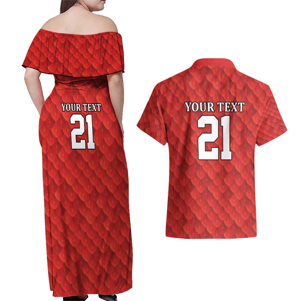 Wales Rugby Custom Couples Matching Off Shoulder Maxi Dress and Hawaiian Shirt Y Ddraig Goch Ddyry Cychwyn