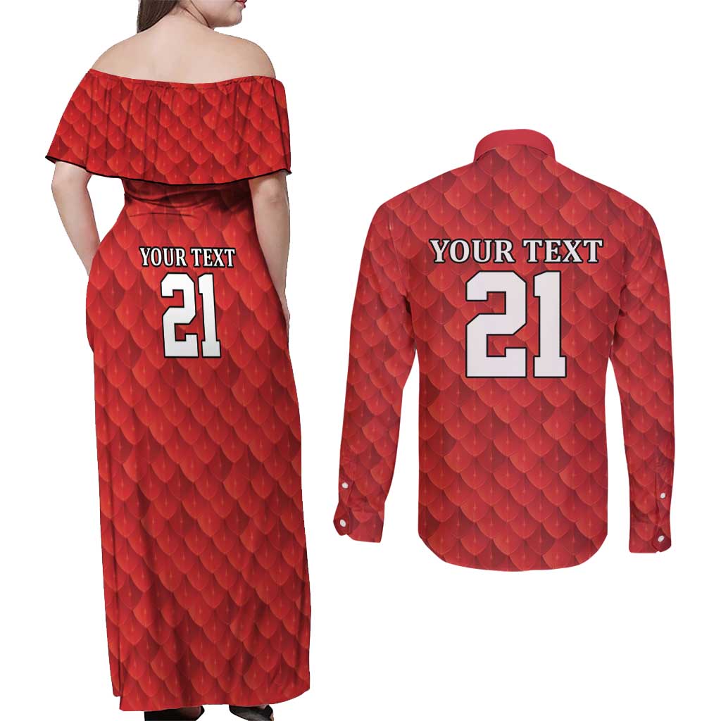 Wales Rugby Custom Couples Matching Off Shoulder Maxi Dress and Long Sleeve Button Shirt Y Ddraig Goch Ddyry Cychwyn