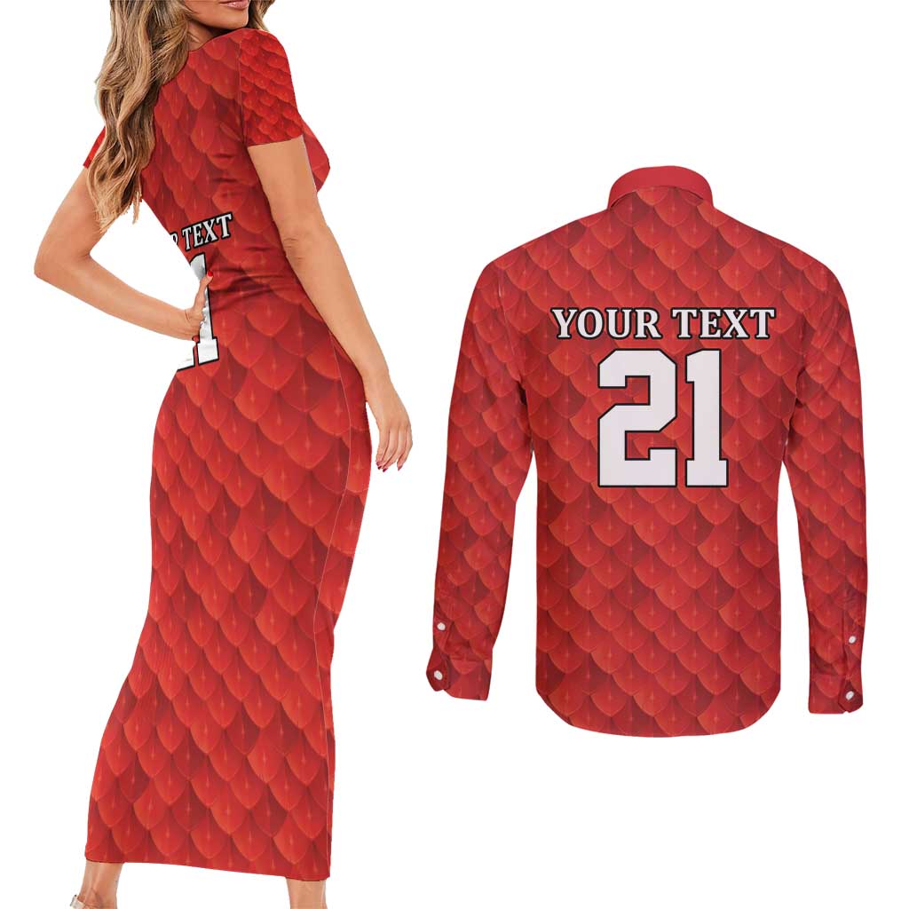 Wales Rugby Custom Couples Matching Short Sleeve Bodycon Dress and Long Sleeve Button Shirt Y Ddraig Goch Ddyry Cychwyn