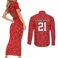 Wales Rugby Custom Couples Matching Short Sleeve Bodycon Dress and Long Sleeve Button Shirt Y Ddraig Goch Ddyry Cychwyn