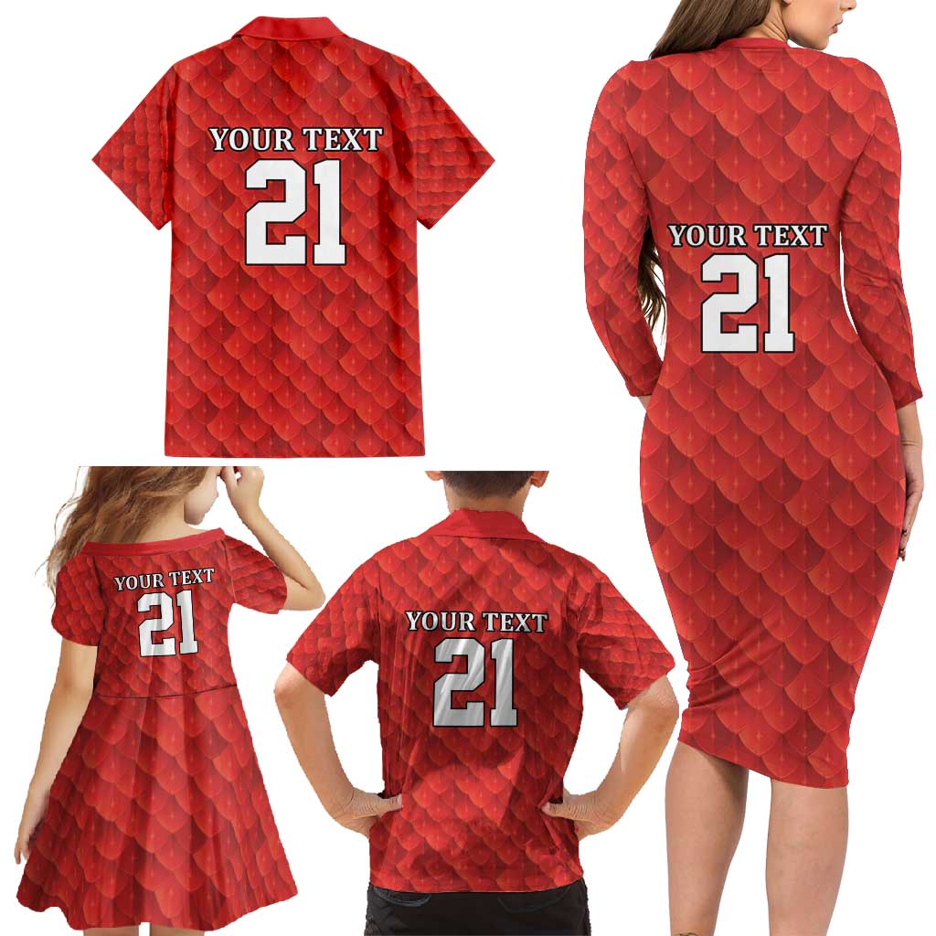 Wales Rugby Custom Family Matching Long Sleeve Bodycon Dress and Hawaiian Shirt Y Ddraig Goch Ddyry Cychwyn