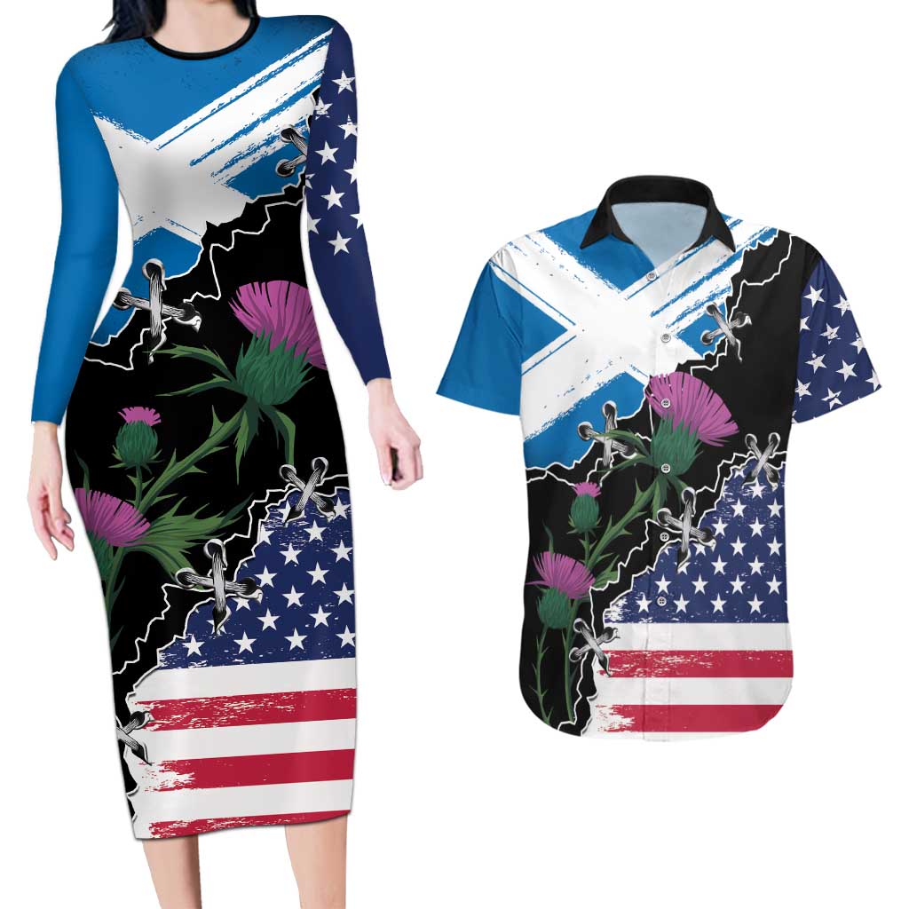 Scottish-American Heritage Month Couples Matching Long Sleeve Bodycon Dress and Hawaiian Shirt Proud Scottish American Heritage