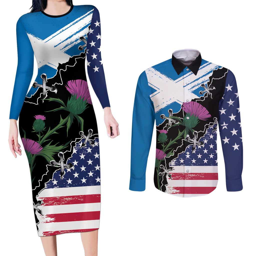 Scottish-American Heritage Month Couples Matching Long Sleeve Bodycon Dress and Long Sleeve Button Shirt Proud Scottish American Heritage