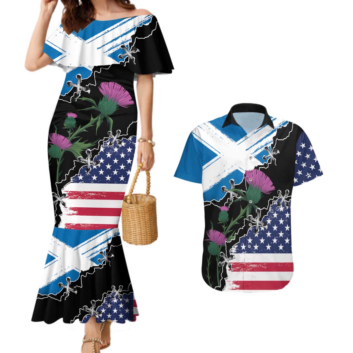 Scottish-American Heritage Month Couples Matching Mermaid Dress and Hawaiian Shirt Proud Scottish American Heritage