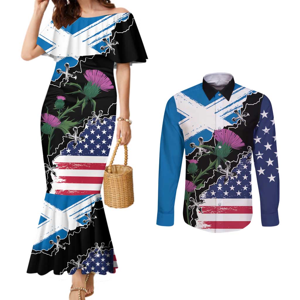 Scottish-American Heritage Month Couples Matching Mermaid Dress and Long Sleeve Button Shirt Proud Scottish American Heritage