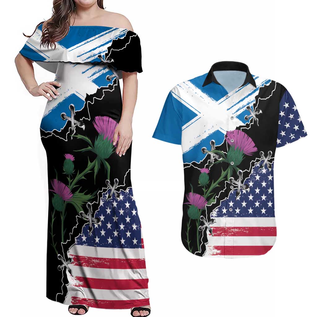 Scottish-American Heritage Month Couples Matching Off Shoulder Maxi Dress and Hawaiian Shirt Proud Scottish American Heritage