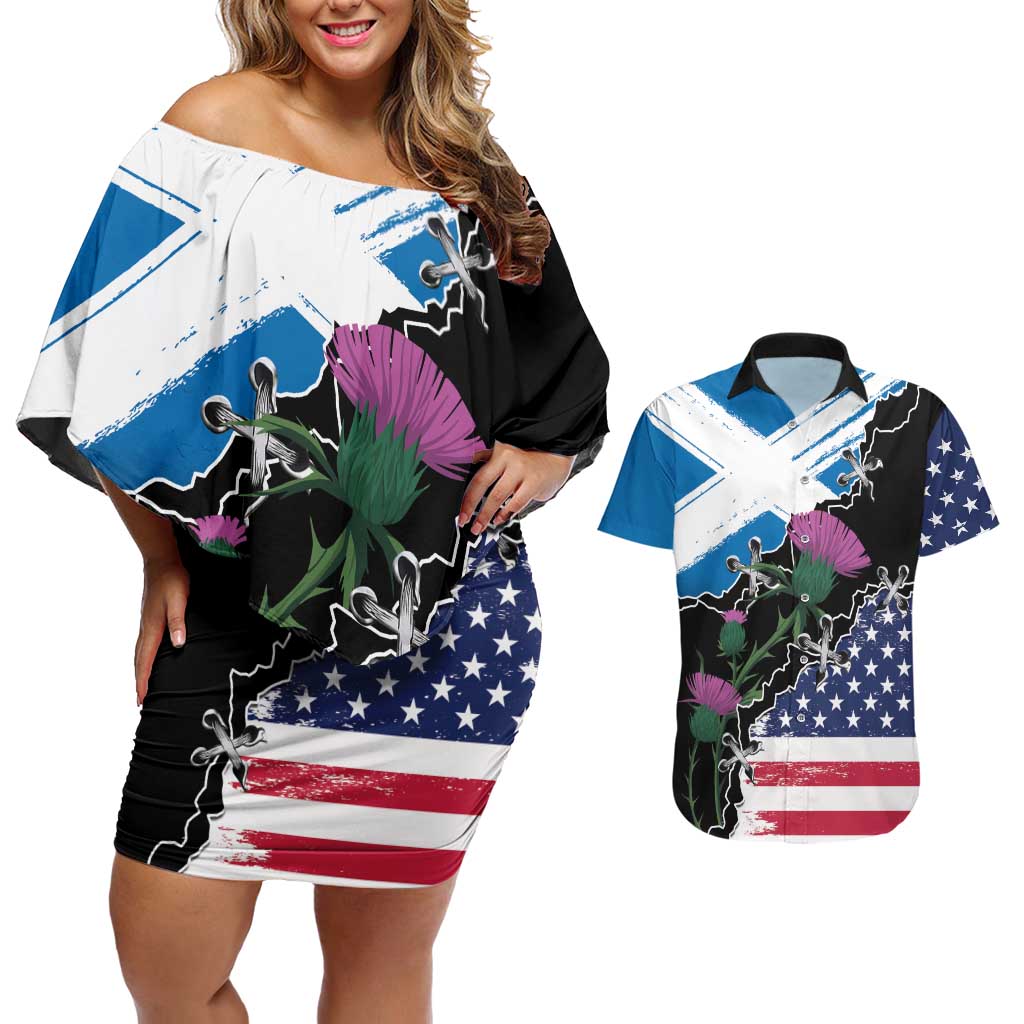 Scottish-American Heritage Month Couples Matching Off Shoulder Short Dress and Hawaiian Shirt Proud Scottish American Heritage