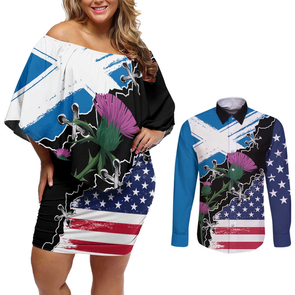 Scottish-American Heritage Month Couples Matching Off Shoulder Short Dress and Long Sleeve Button Shirt Proud Scottish American Heritage