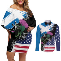Scottish-American Heritage Month Couples Matching Off Shoulder Short Dress and Long Sleeve Button Shirt Proud Scottish American Heritage