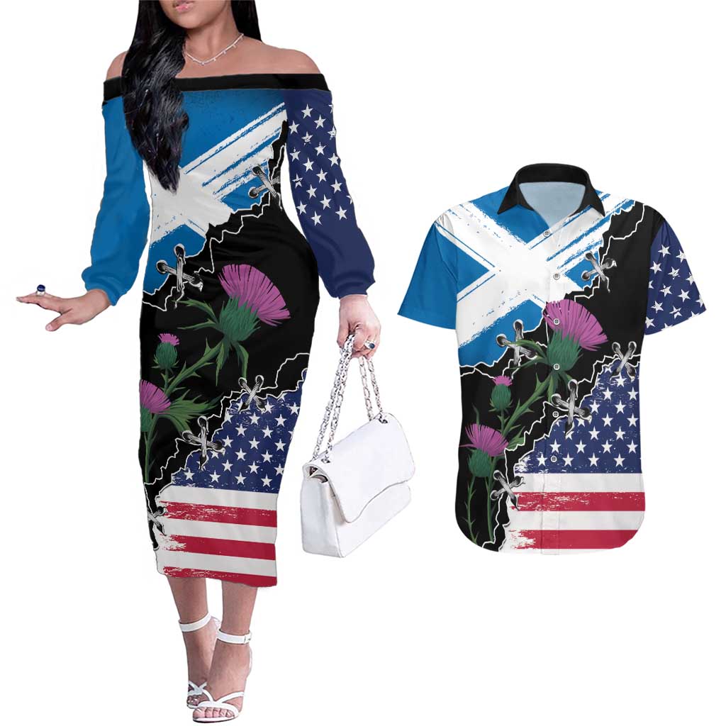 Scottish-American Heritage Month Couples Matching Off The Shoulder Long Sleeve Dress and Hawaiian Shirt Proud Scottish American Heritage