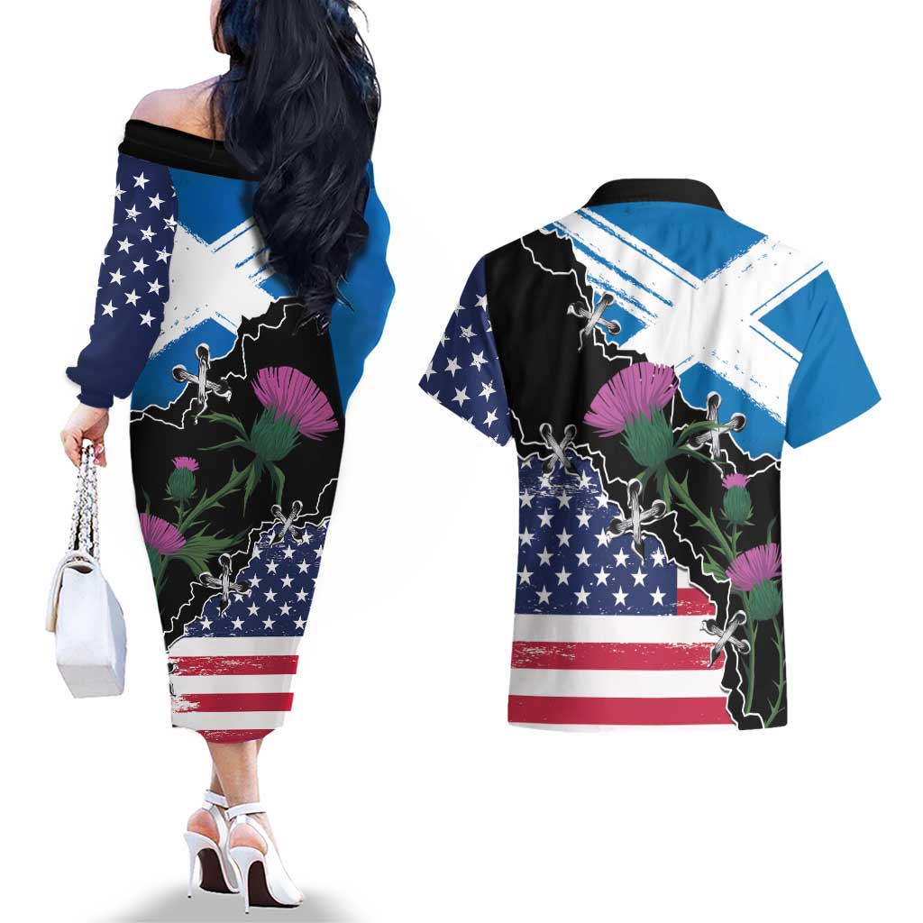 Scottish-American Heritage Month Couples Matching Off The Shoulder Long Sleeve Dress and Hawaiian Shirt Proud Scottish American Heritage
