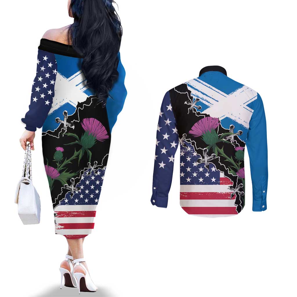 Scottish-American Heritage Month Couples Matching Off The Shoulder Long Sleeve Dress and Long Sleeve Button Shirt Proud Scottish American Heritage