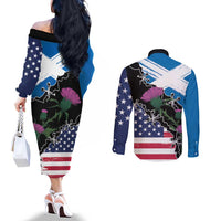 Scottish-American Heritage Month Couples Matching Off The Shoulder Long Sleeve Dress and Long Sleeve Button Shirt Proud Scottish American Heritage