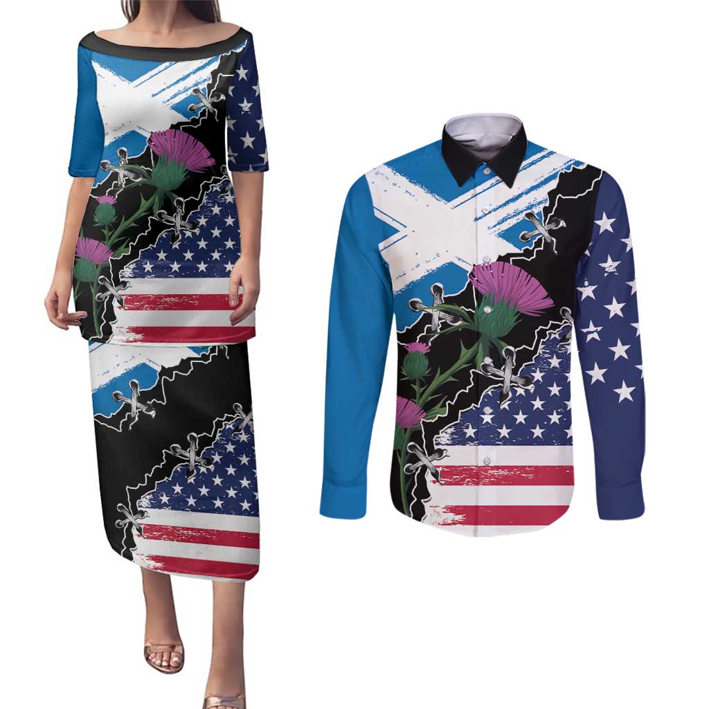 Scottish-American Heritage Month Couples Matching Puletasi and Long Sleeve Button Shirt Proud Scottish American Heritage