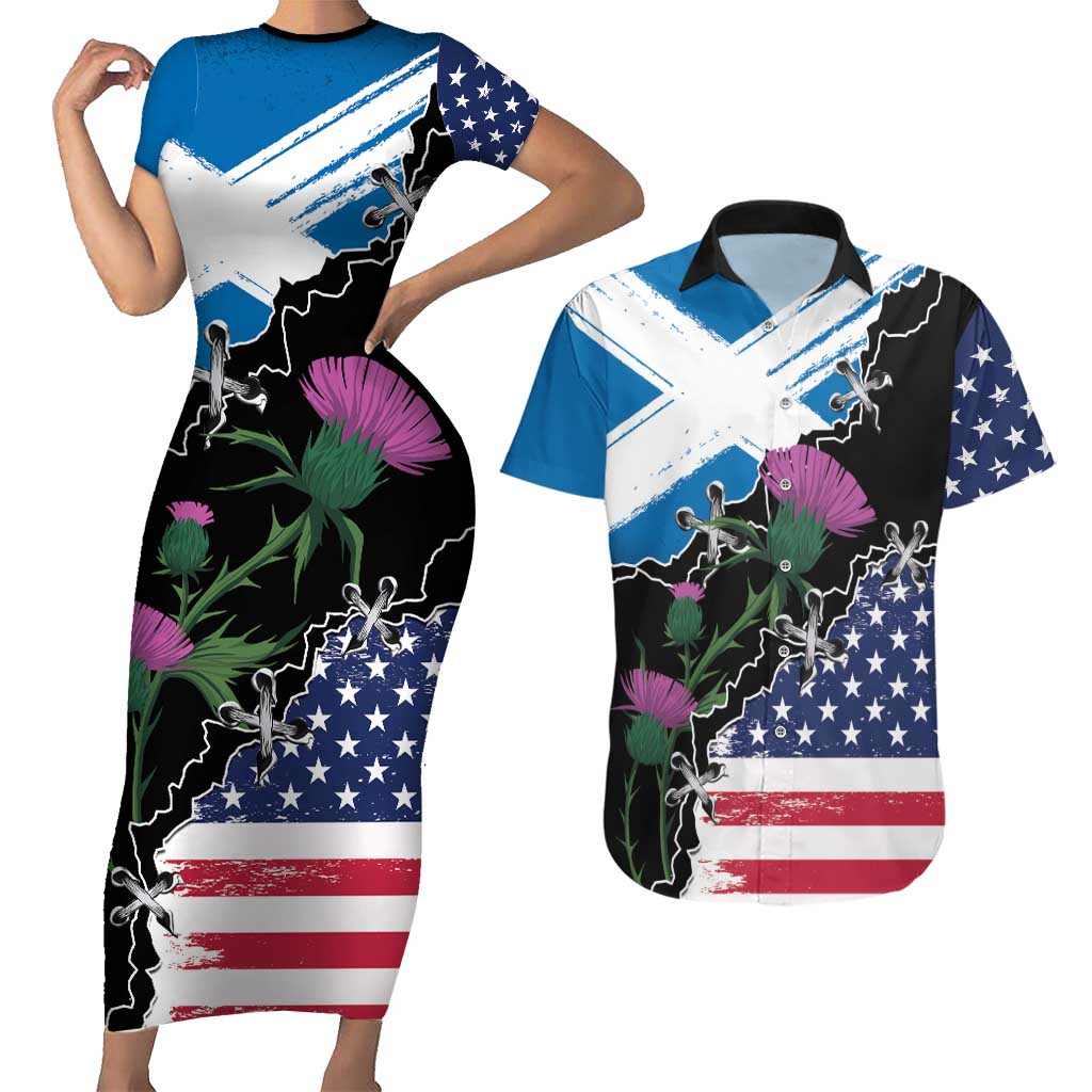 Scottish-American Heritage Month Couples Matching Short Sleeve Bodycon Dress and Hawaiian Shirt Proud Scottish American Heritage