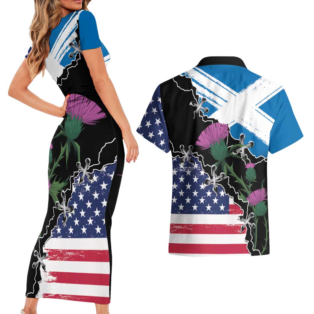 Scottish-American Heritage Month Couples Matching Short Sleeve Bodycon Dress and Hawaiian Shirt Proud Scottish American Heritage