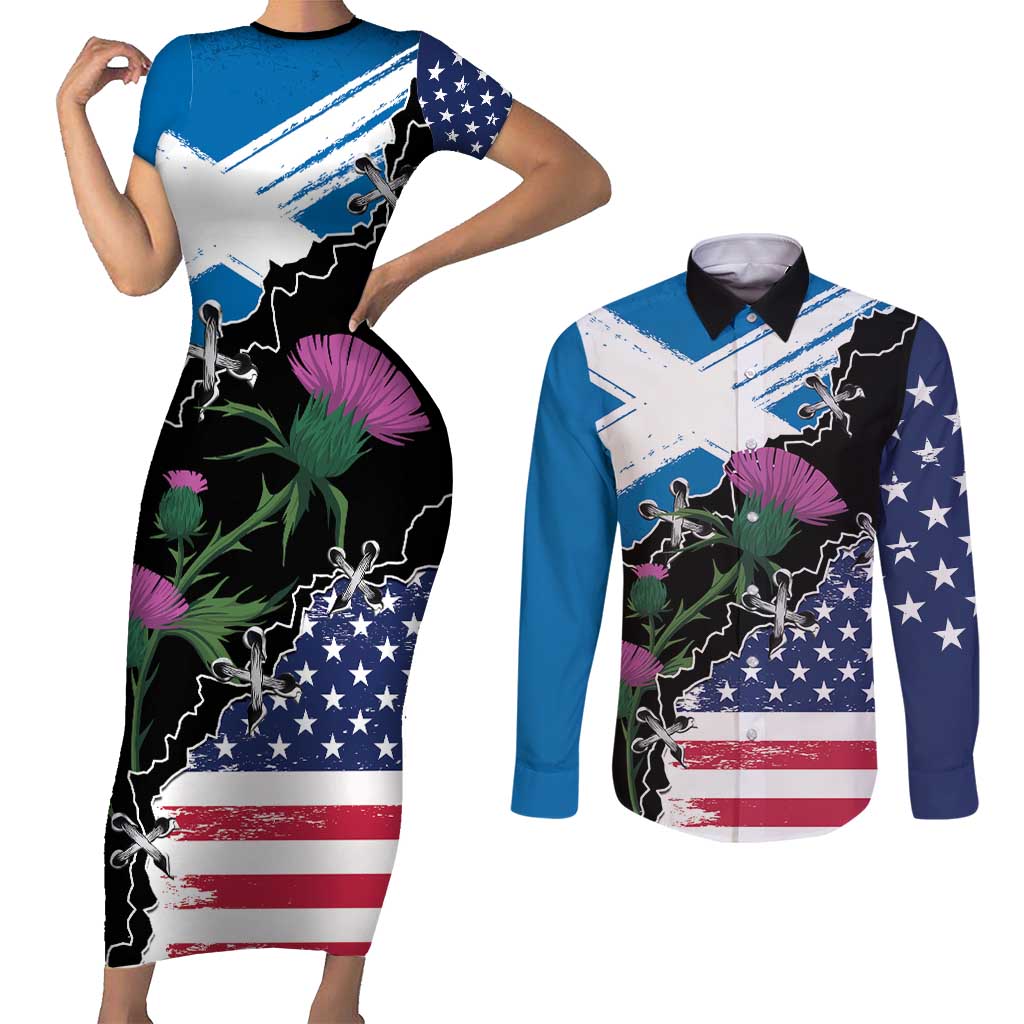 Scottish-American Heritage Month Couples Matching Short Sleeve Bodycon Dress and Long Sleeve Button Shirt Proud Scottish American Heritage