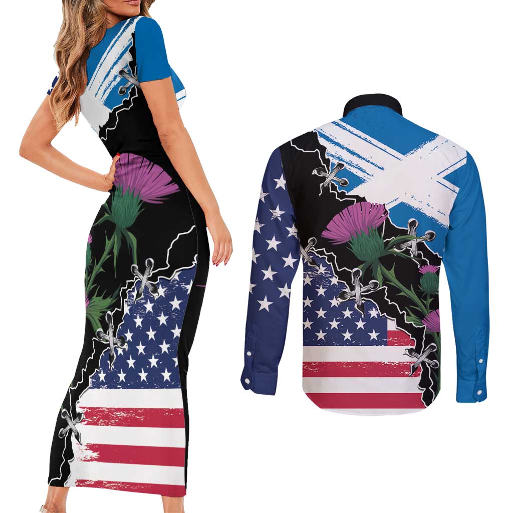 Scottish-American Heritage Month Couples Matching Short Sleeve Bodycon Dress and Long Sleeve Button Shirt Proud Scottish American Heritage