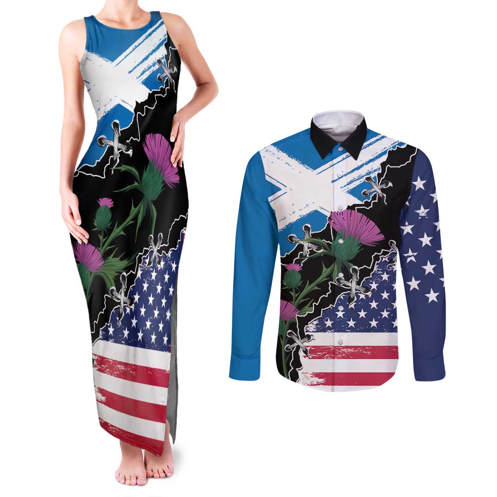 Scottish-American Heritage Month Couples Matching Tank Maxi Dress and Long Sleeve Button Shirt Proud Scottish American Heritage