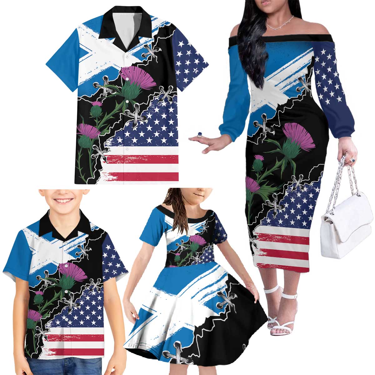 Scottish-American Heritage Month Family Matching Off The Shoulder Long Sleeve Dress and Hawaiian Shirt Proud Scottish American Heritage