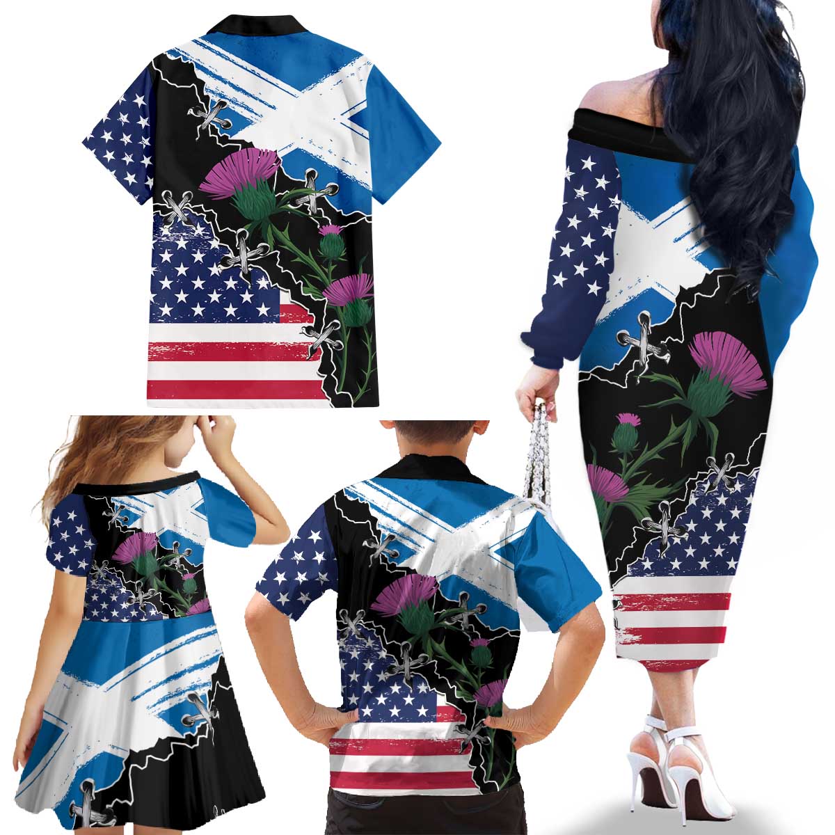 Scottish-American Heritage Month Family Matching Off The Shoulder Long Sleeve Dress and Hawaiian Shirt Proud Scottish American Heritage