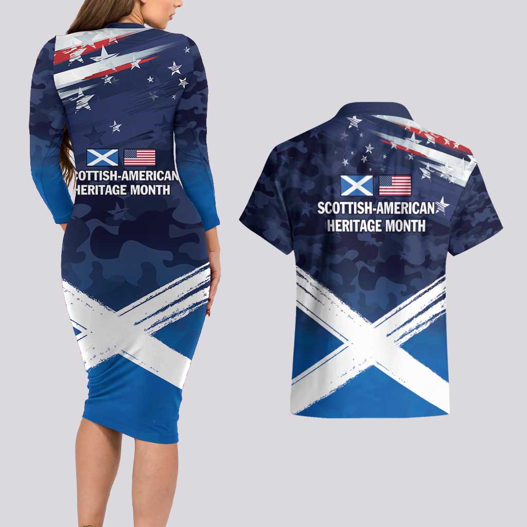 USA Scotland Flag Couples Matching Long Sleeve Bodycon Dress and Hawaiian Shirt My Nation My Heritage