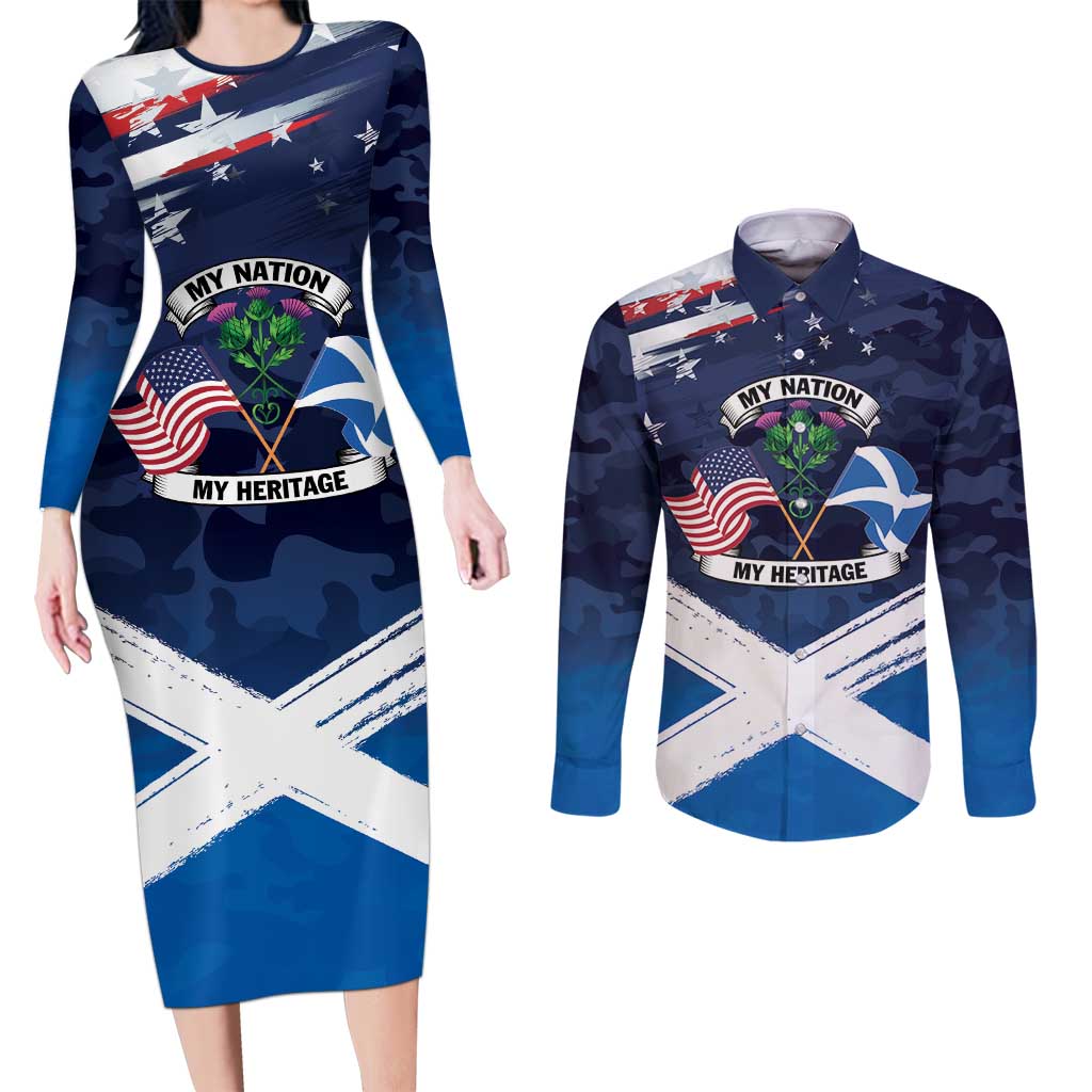 USA Scotland Flag Couples Matching Long Sleeve Bodycon Dress and Long Sleeve Button Shirt My Nation My Heritage